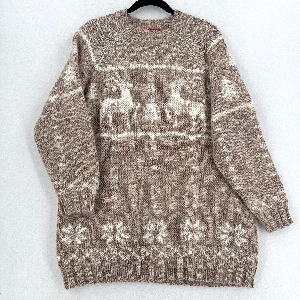Venezia Jeans Sweater Women 14/16 Brown Reindeer Fair Isle Nordic Oversized